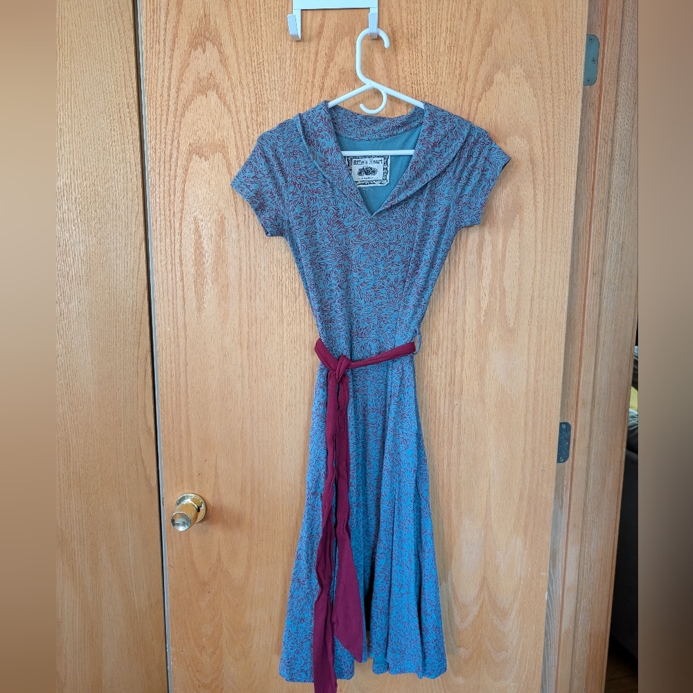 Effie's Heart Teal-Blue Midi Dress with Burgundy Sash